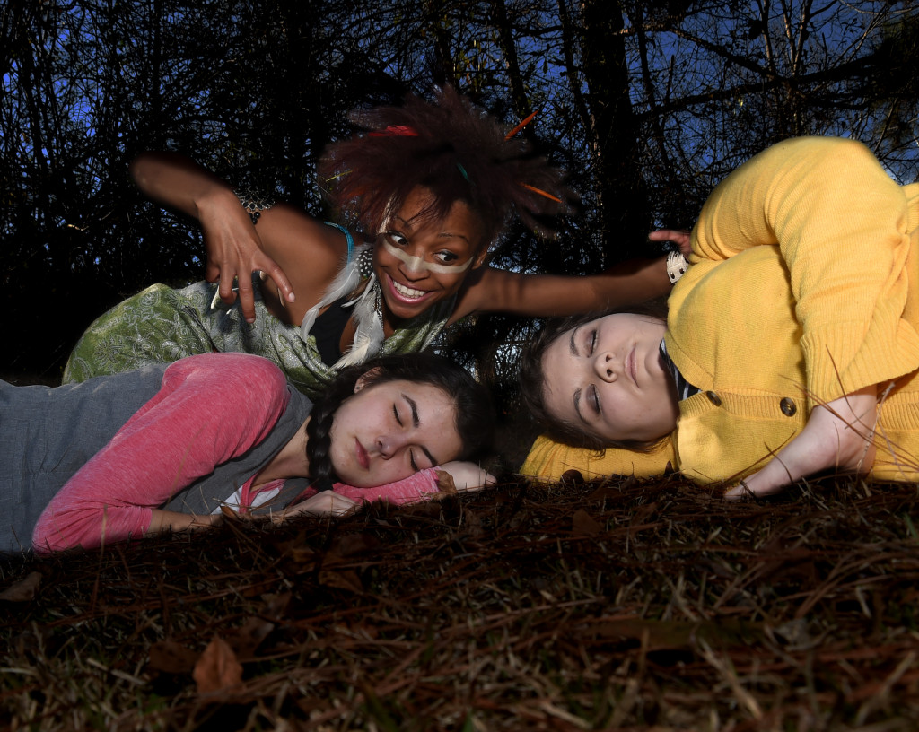 From left, are Breanna Harbuck as Hermia, AimeeRuth Causey-Rogers as Puck and Kathleen Gartman as Helena in “A Midsummer Night’s Dream” presented by the Perk Players on February 11-13 in the Black Box Theatre at MGCCC’s Perkinston Campus.